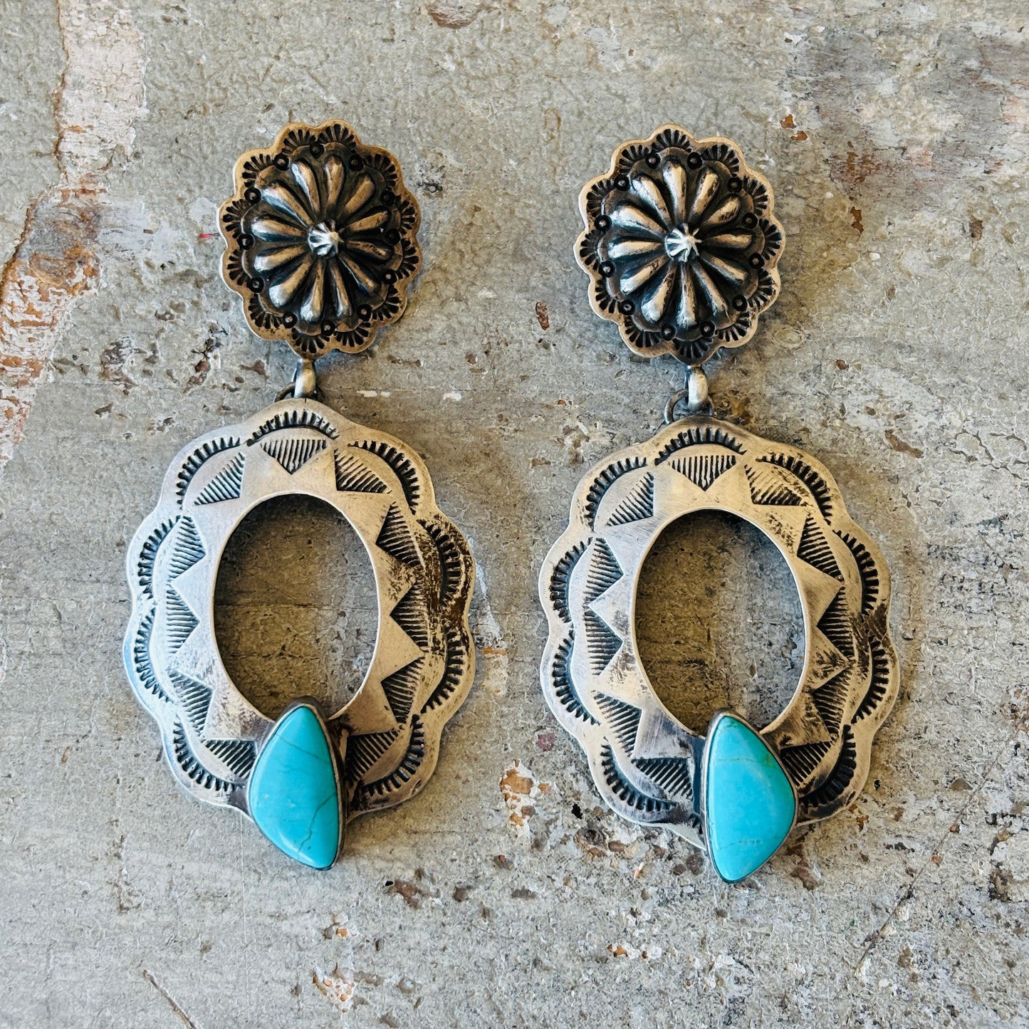 Navajo Mark B Begay Sterling Silver & Kingman Turquoise Concho Earrings