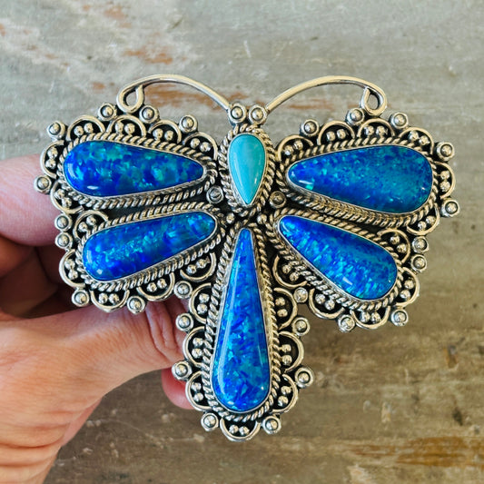 Navajo Hemerson Brown Sterling Silver - Blue Lab Opal & Sleeping Beauty Turquoise Dragonfly Ring