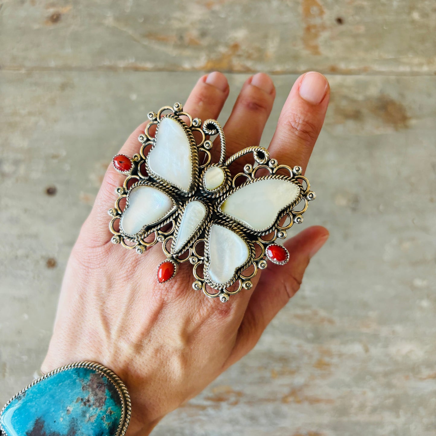 Navajo Hemerson Brown Sterling Silver - Red Coral & MOP Butterfly Statement Ring