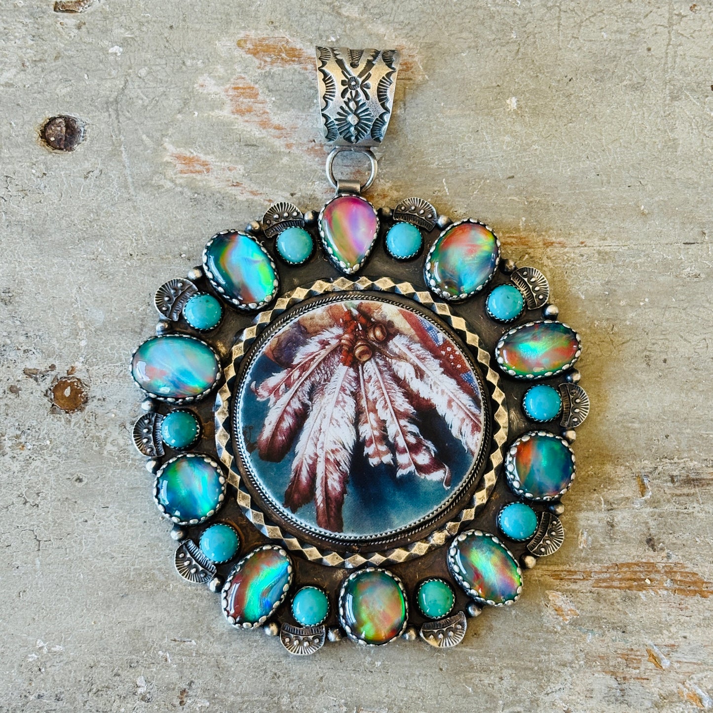 Navajo Kindale Billah Sterling Silver - Dichroic Glass & Campitos Turquoise Feathers Pendant