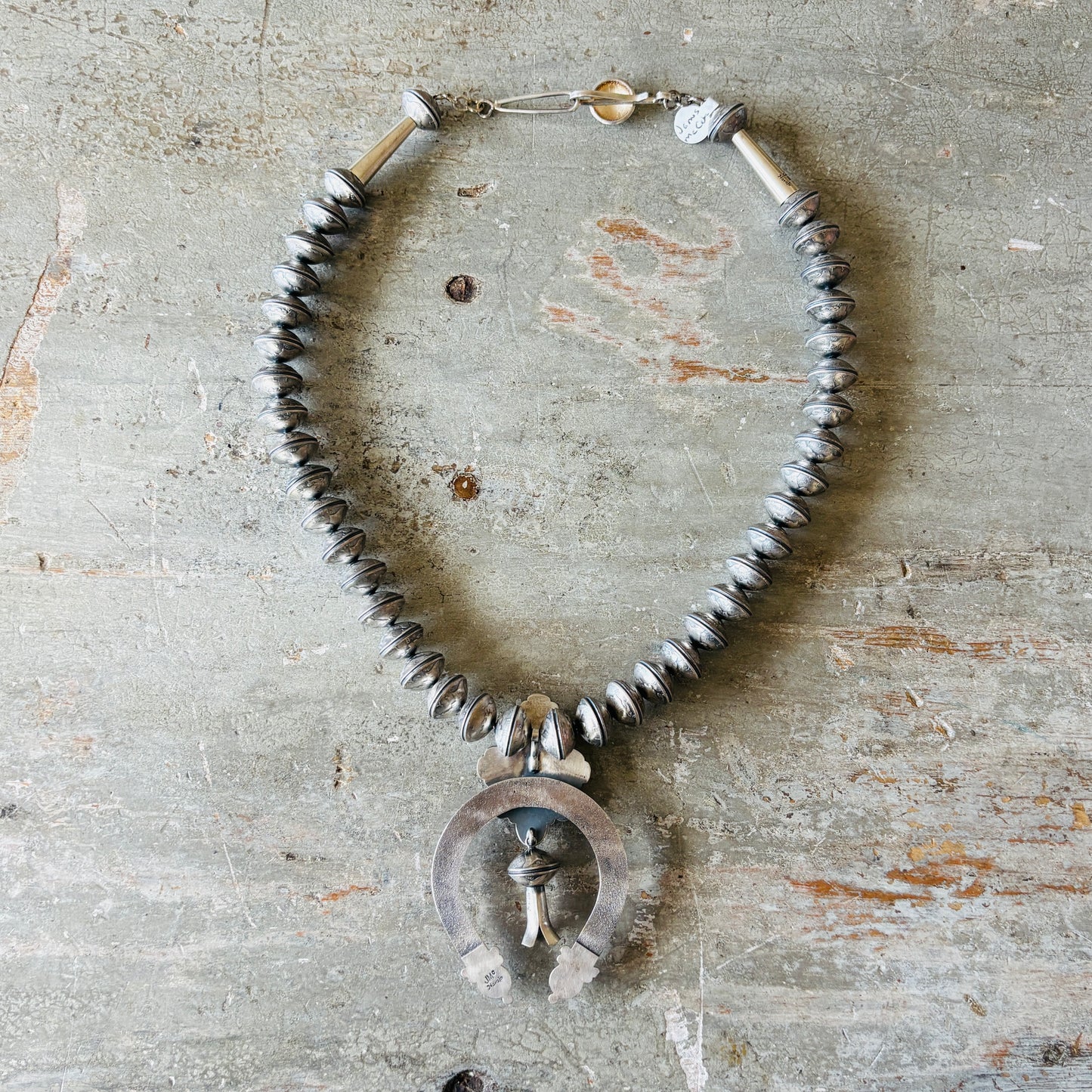 Navajo James McCabe Sterling Silver - Liberty Dime & Kingman Turquoise Squash Blossom Necklace