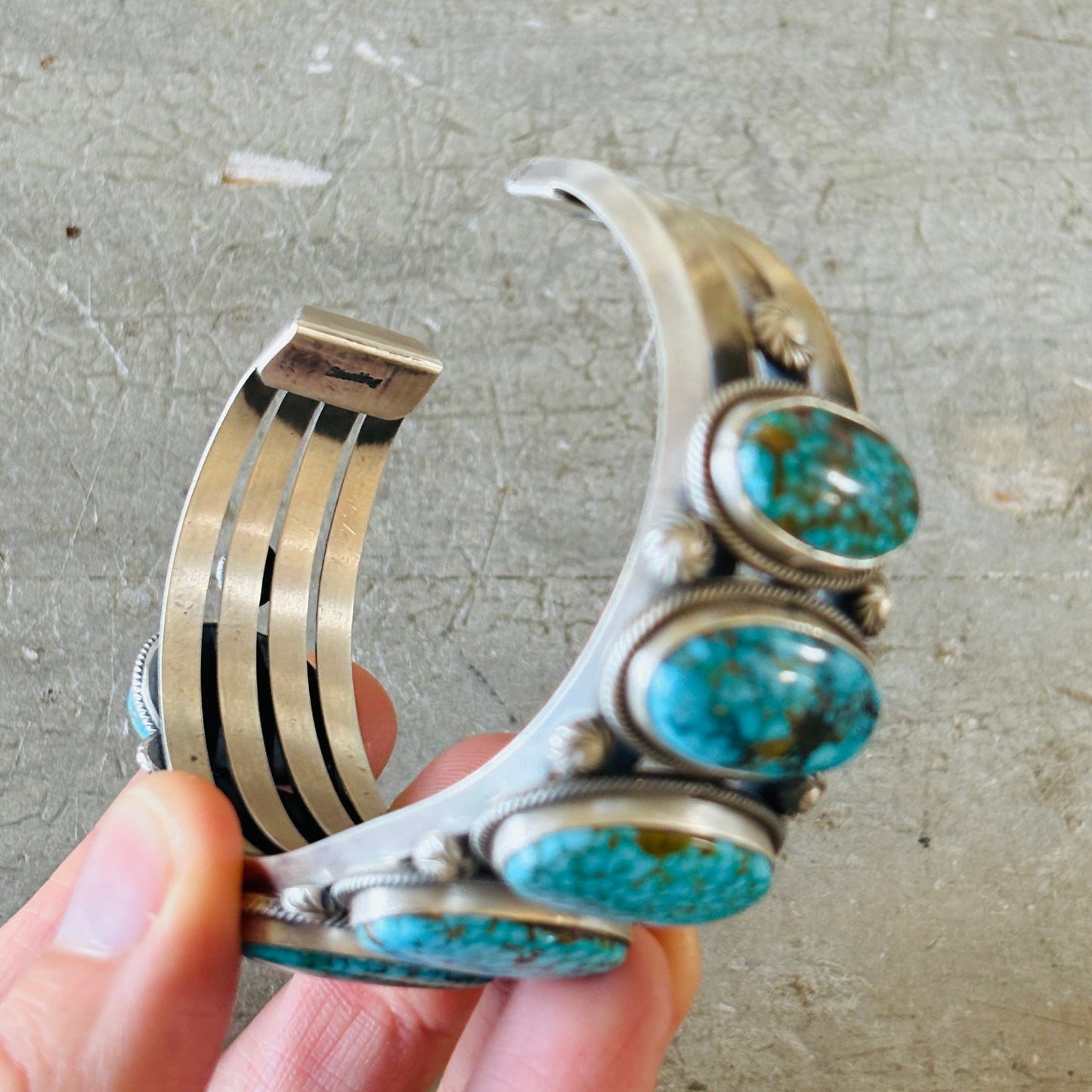 Navajo Freddie Maloney Sterling Silver & Spiderweb Kingman Turquoise 7 Stone Statement Cuff