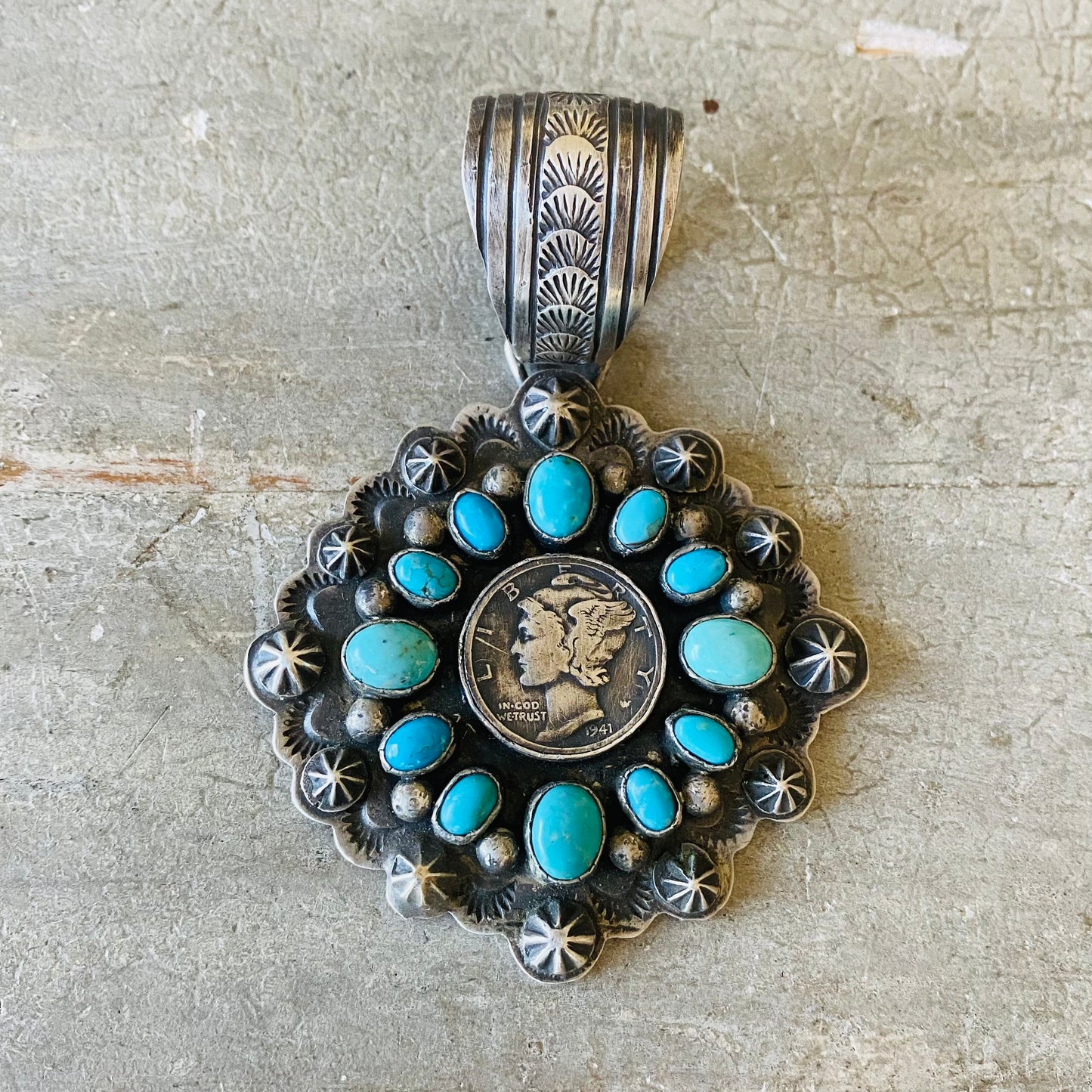 Navajo Signed Sterling Silver & Multi Turquoise Liberty Coin Pendant