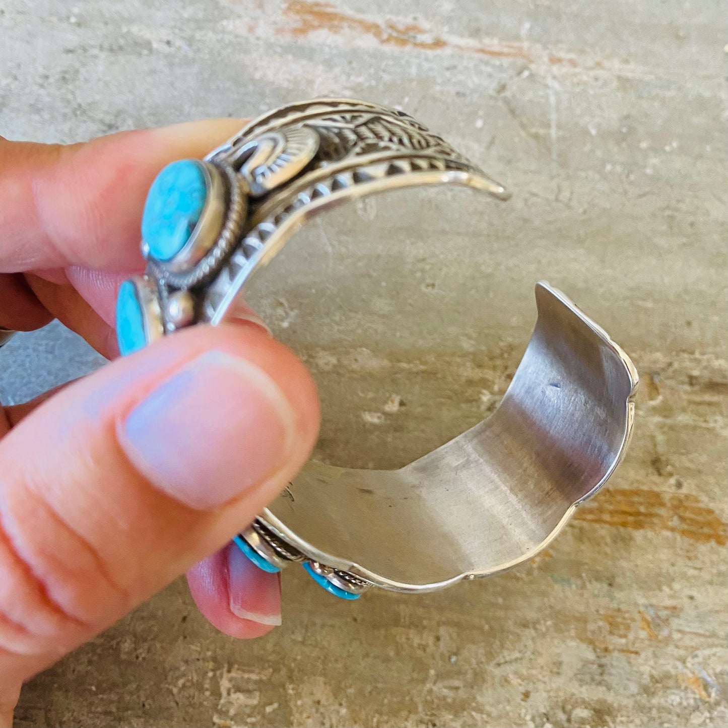 Navajo Darrell Cadman Sterling Silver & Kingman Turquoise 7 Stone Cuff