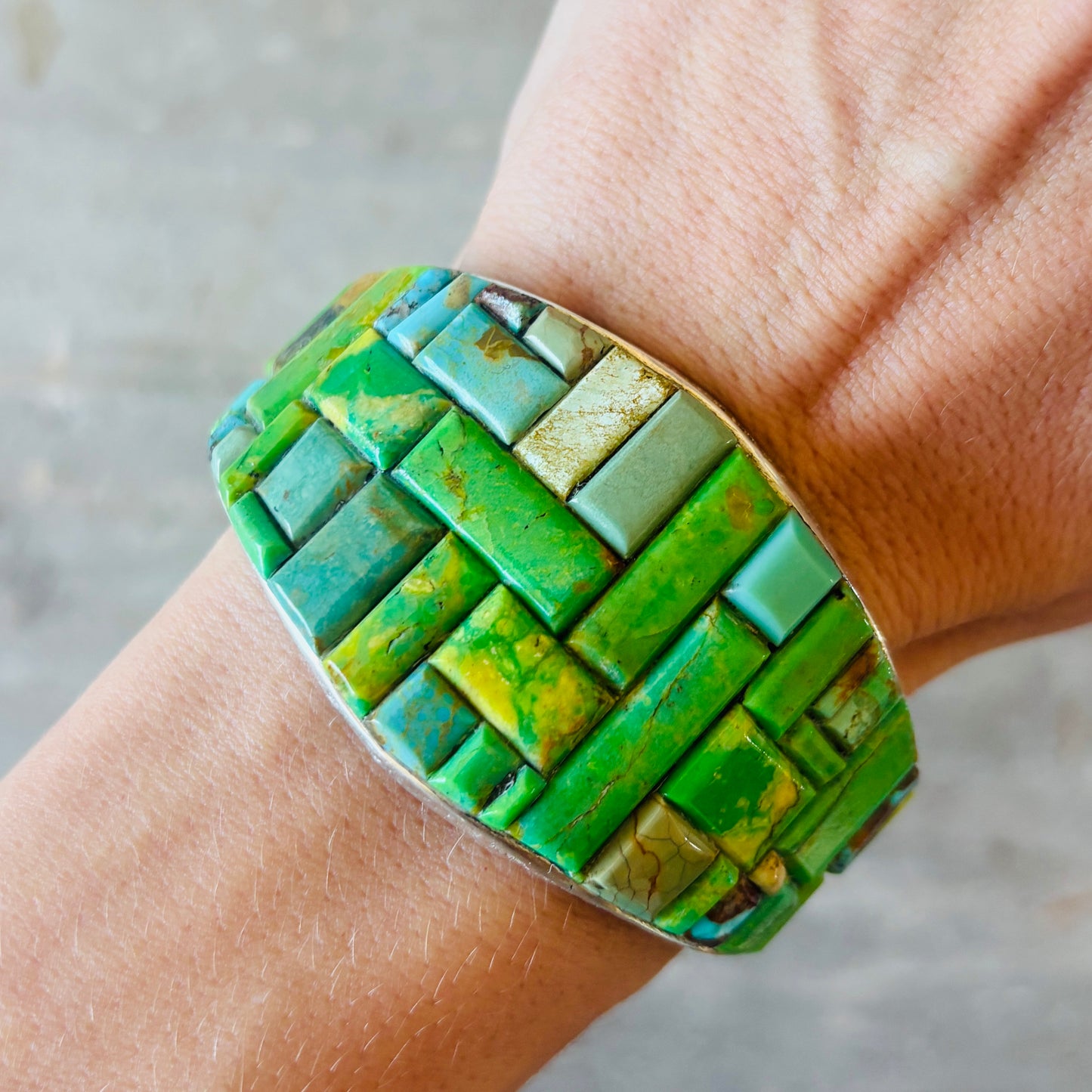 Navajo Lester James Sterling Silver - Gaspeite & Mixed Turquoise Cobblestone Cuff