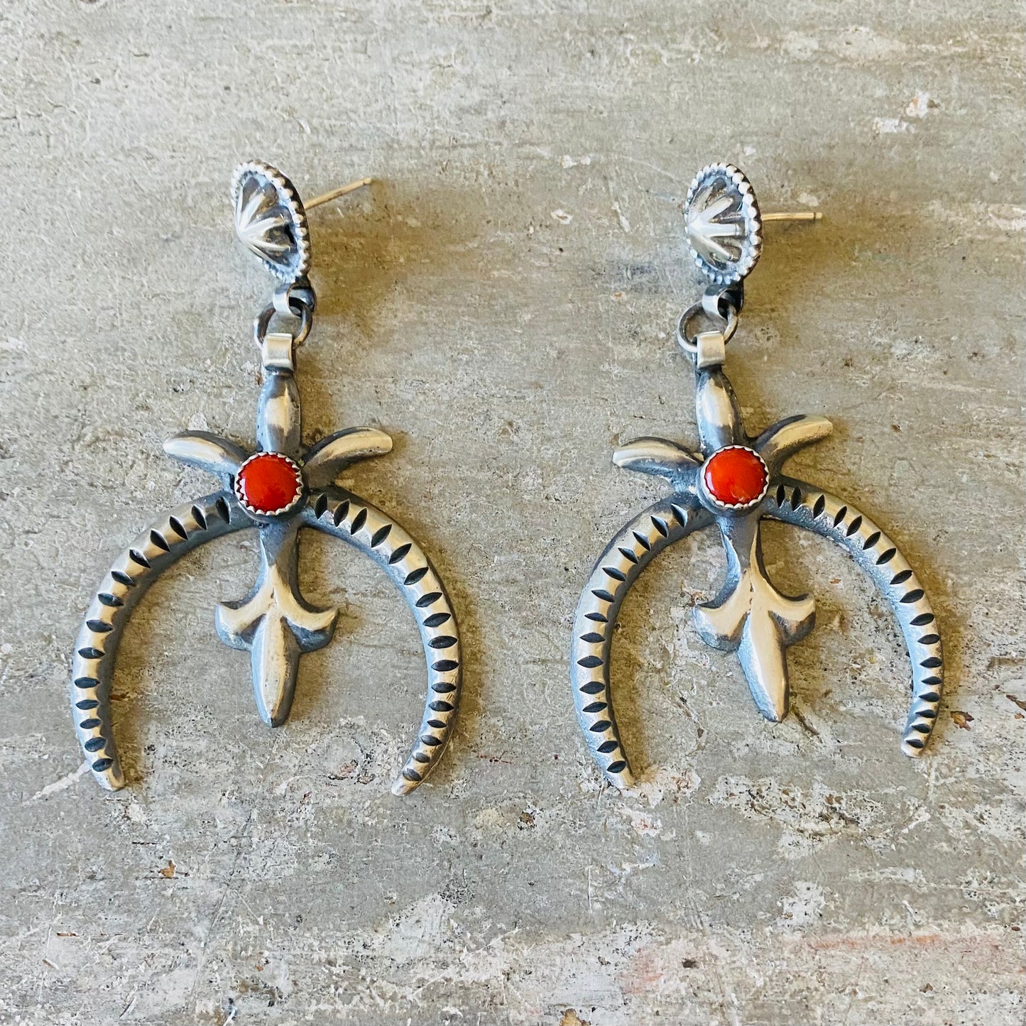 Navajo Braxton Parkett Sterling Silver & Red Coral Naja Earrings