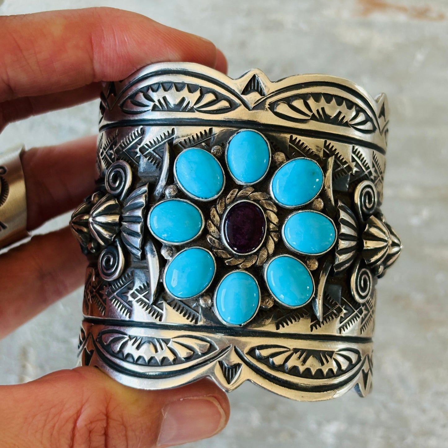 Navajo Delbert Gordon Sterling Silver - Purple Spiny Oyster & Sleeping Beauty Turquoise Statement Cuff