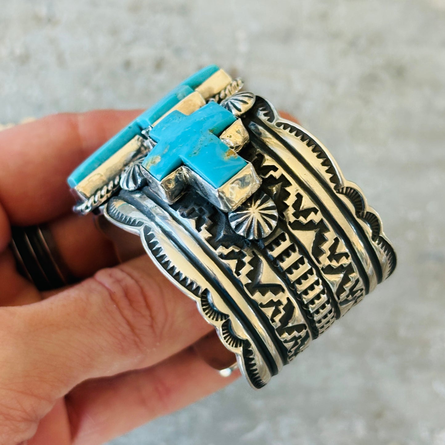 Navajo Andy Cadman Sterling Silver & Kingman Turquoise Crosses Cuff