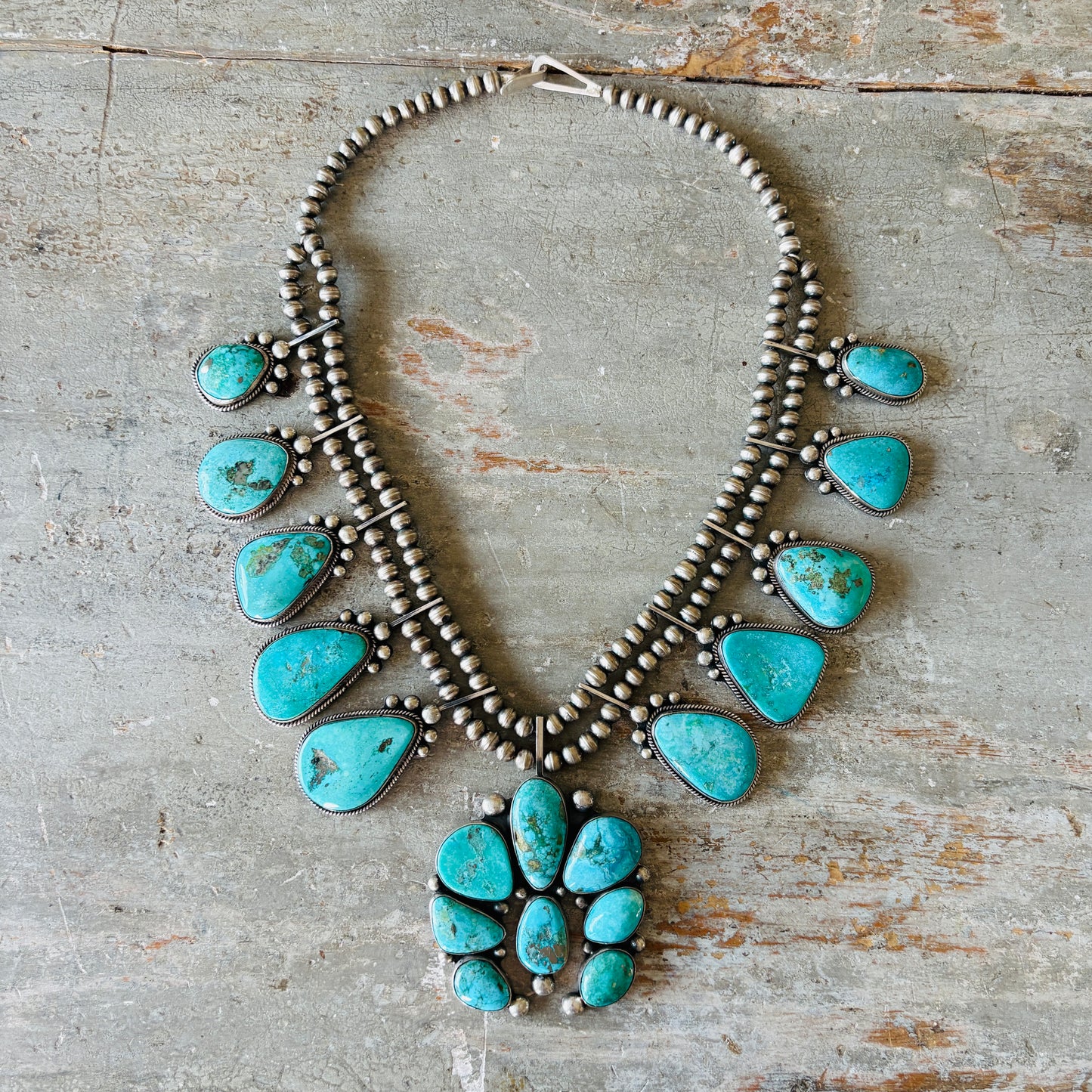 Navajo David Lister Sterling Silver & Kingman Turquoise Squash Blossom Necklace
