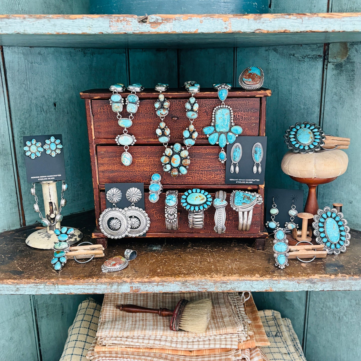 Navajo Hemerson Brown Sterling Silver & Kingman Turquoise Cluster Ring