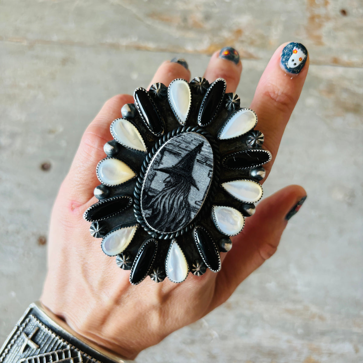 Navajo Kindale Billah Sterling Silver - Ceramic - Mother of Pearl & Black Onyx Witch Ring