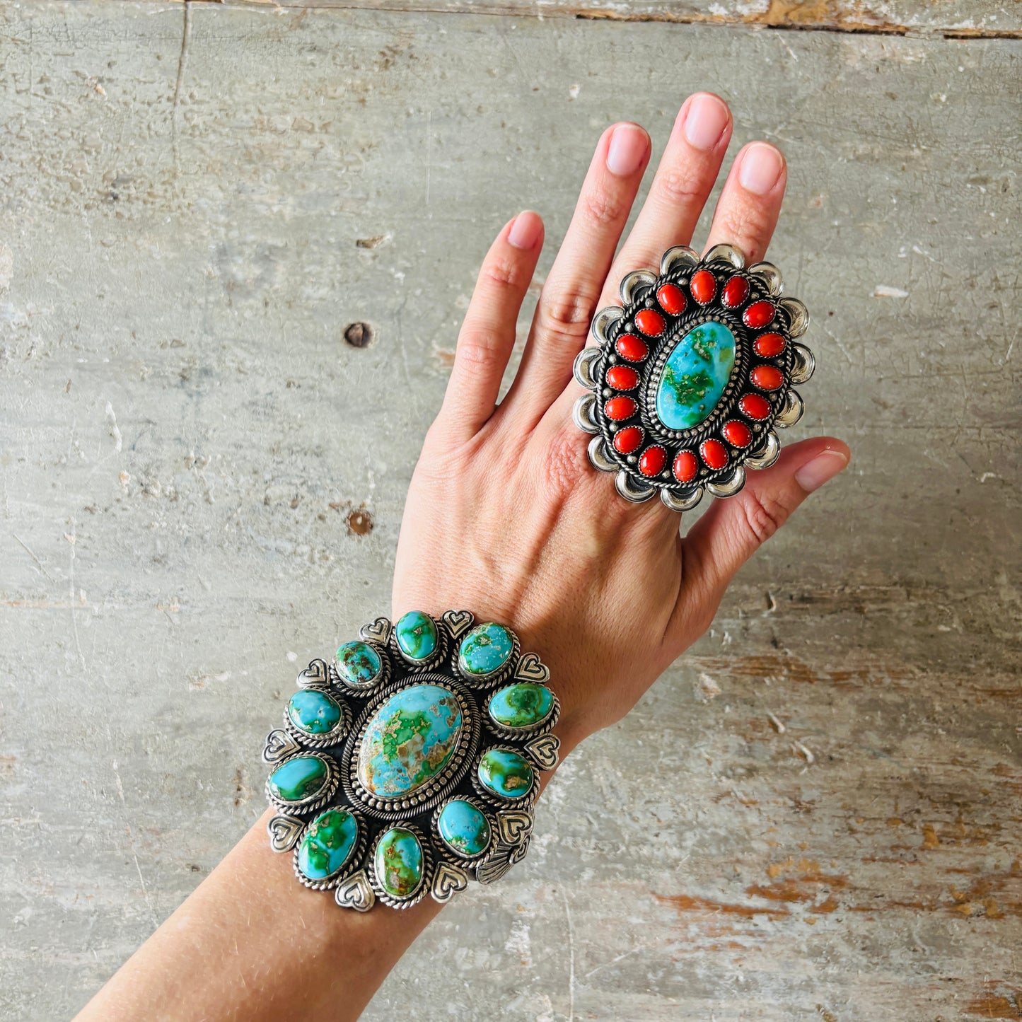 Navajo Hemerson Brown Sterling Silver - Red Coral & Sonoran Turquoise Cluster Statement Ring