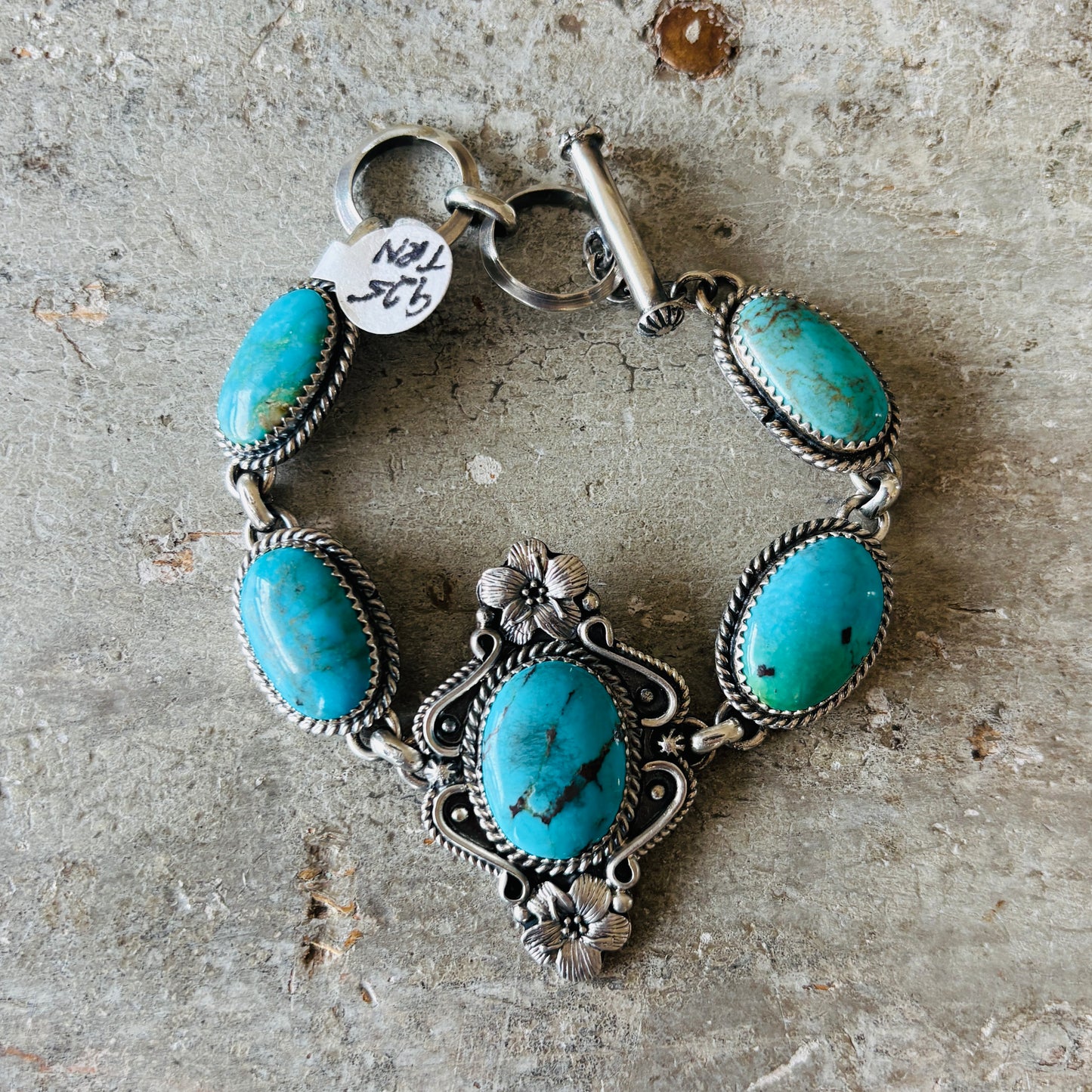 Navajo Brenda Jimenez Sterling Silver & Kingman Turquoise Floral Panel Bracelet