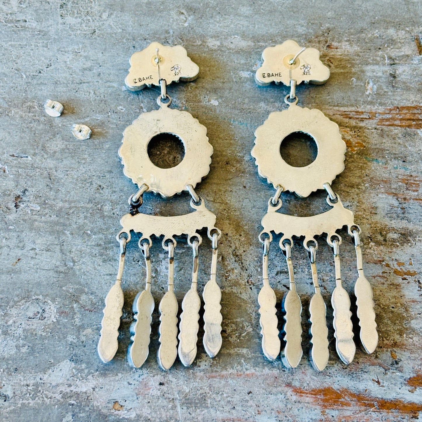 Navajo E Bahe Sterling Silver & Kingman Cluster Statement Earrings