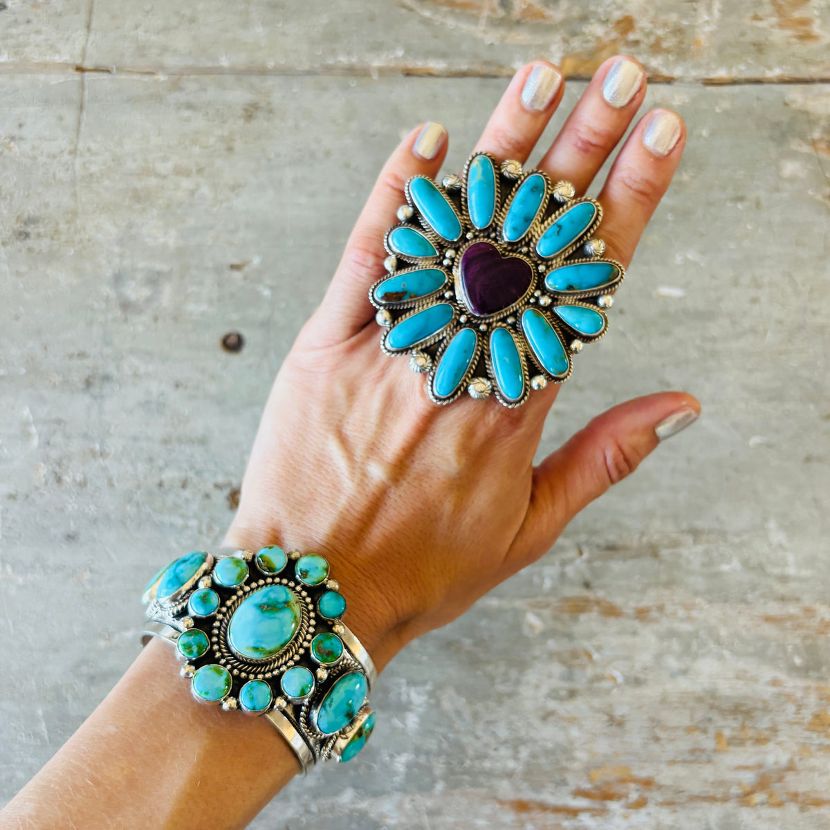 Navajo Hemerson Brown Sterling Silver & Sonoran Turquoise Cluster Statement Cuff