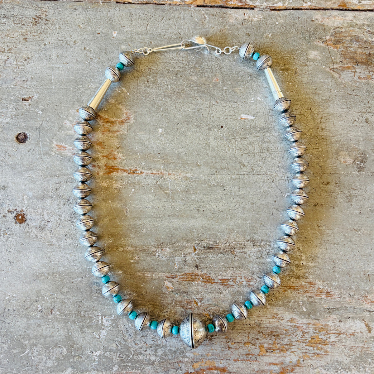 Navajo James McCabe Sterling Silver & Kingman Turquoise - Liberty Dime - Morgan Silver Dollar Beads Necklace