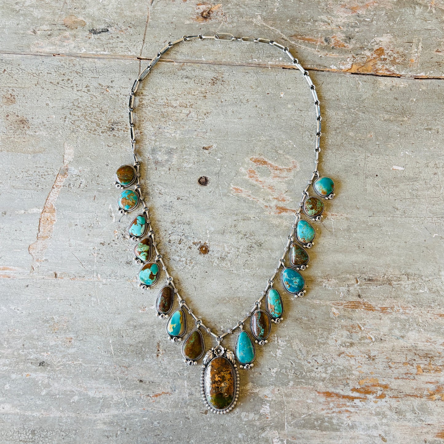 Navajo Brenda Jimenez Sterling Silver - Royston & Pilot Mountain Turquoise Waterfall Statement Necklace