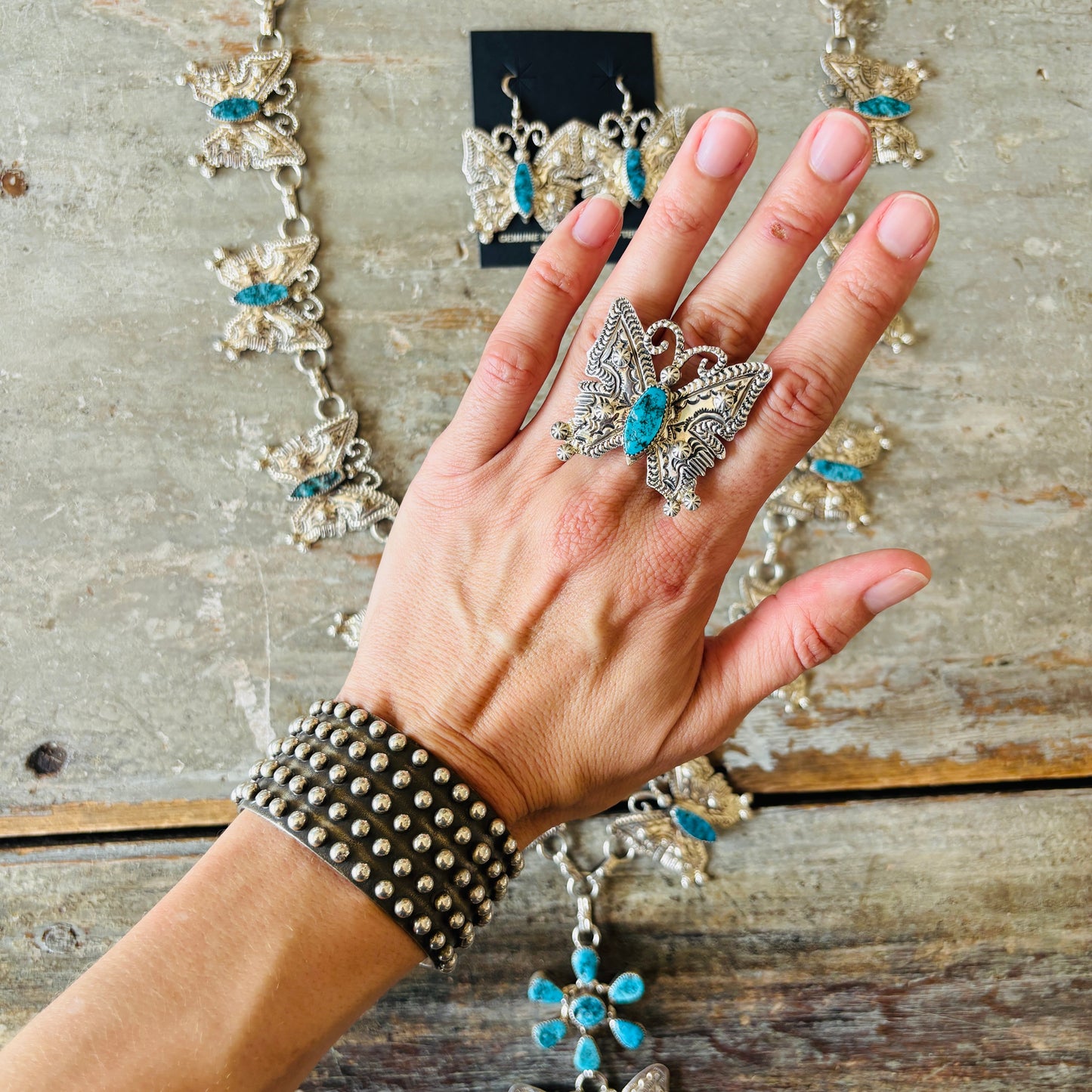 Navajo June Defauito Sterling Silver & Kingman Turquoise Necklace Set