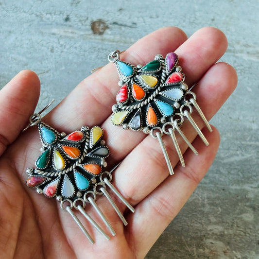 Zuni Phyllis Coonsis Sterling Silver Multi Stone Cluster Earrings