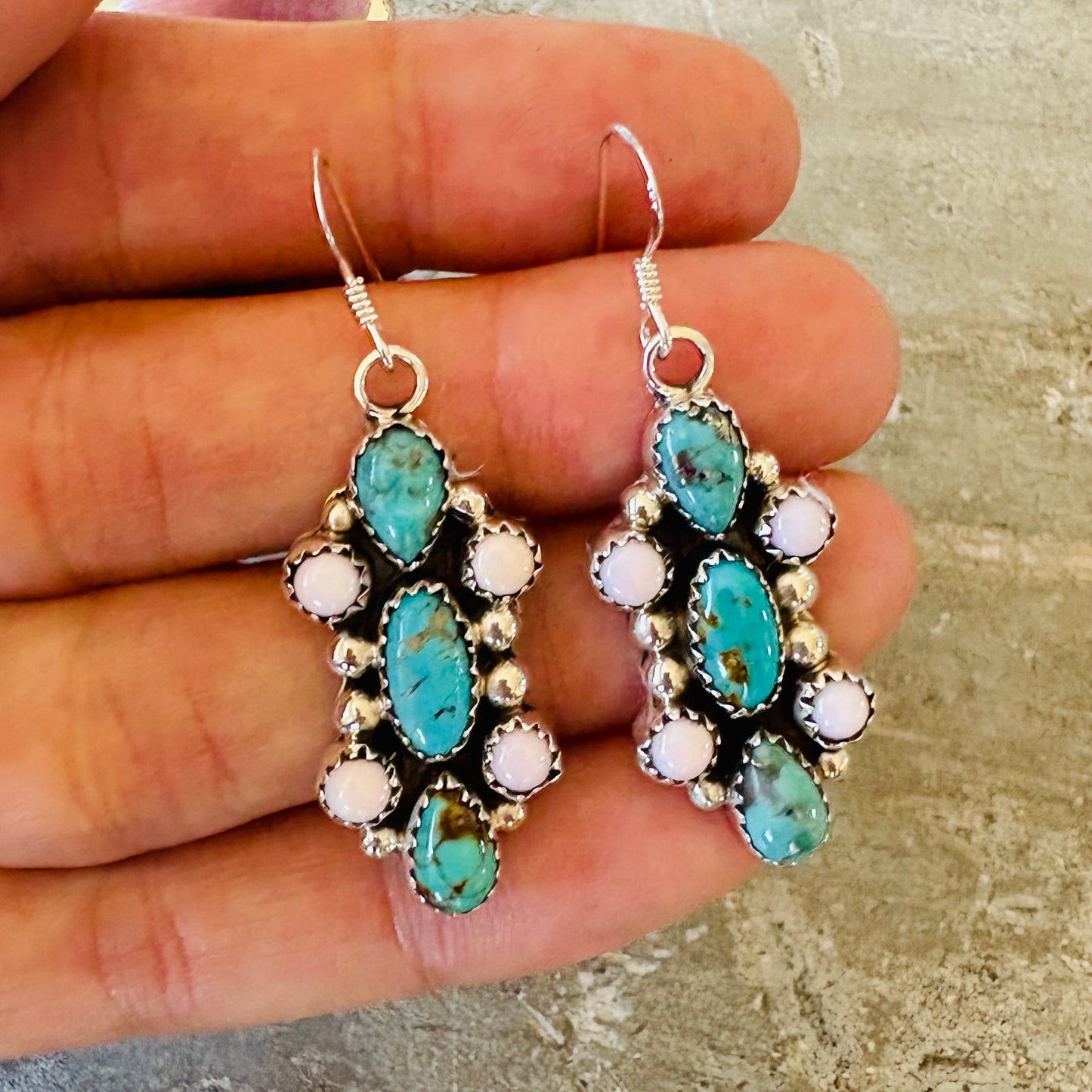 Navajo Pearlene Spencer - Pink Conch & Multi Turquoise Earrings