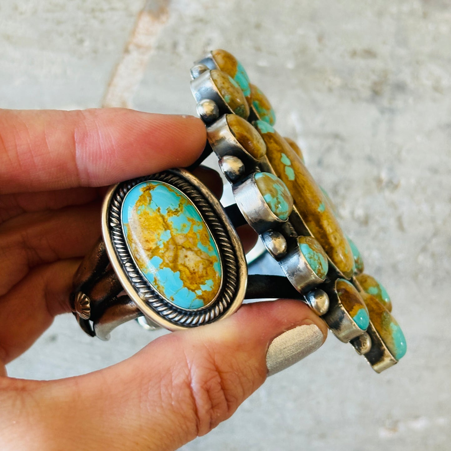 Navajo Hemerson Brown Sterling Silver & Royston Turquoise Cluster Statement Cuff