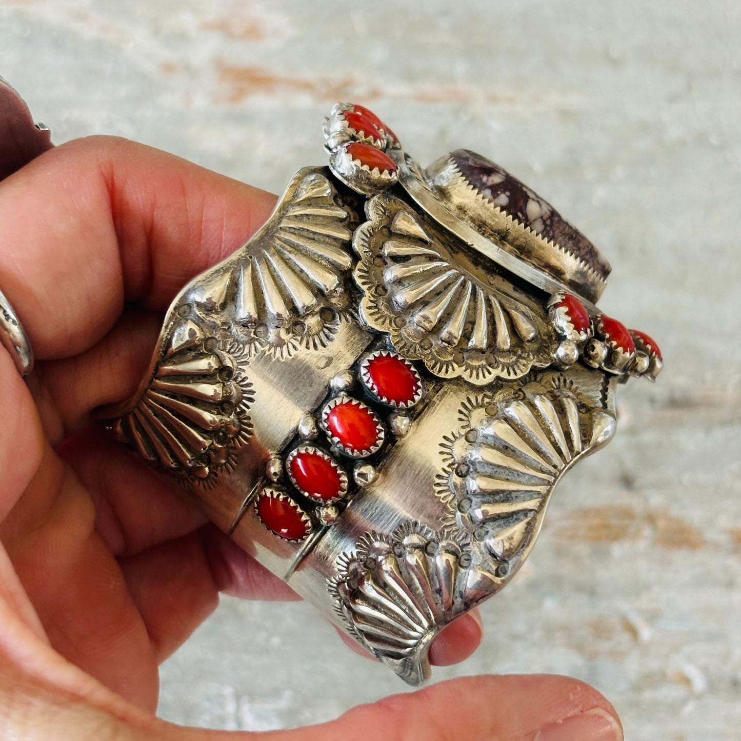 Navajo Glenn Livingston Sterling Silver - Red Coral & Wild Horse Jasper Heart Statement Cuff