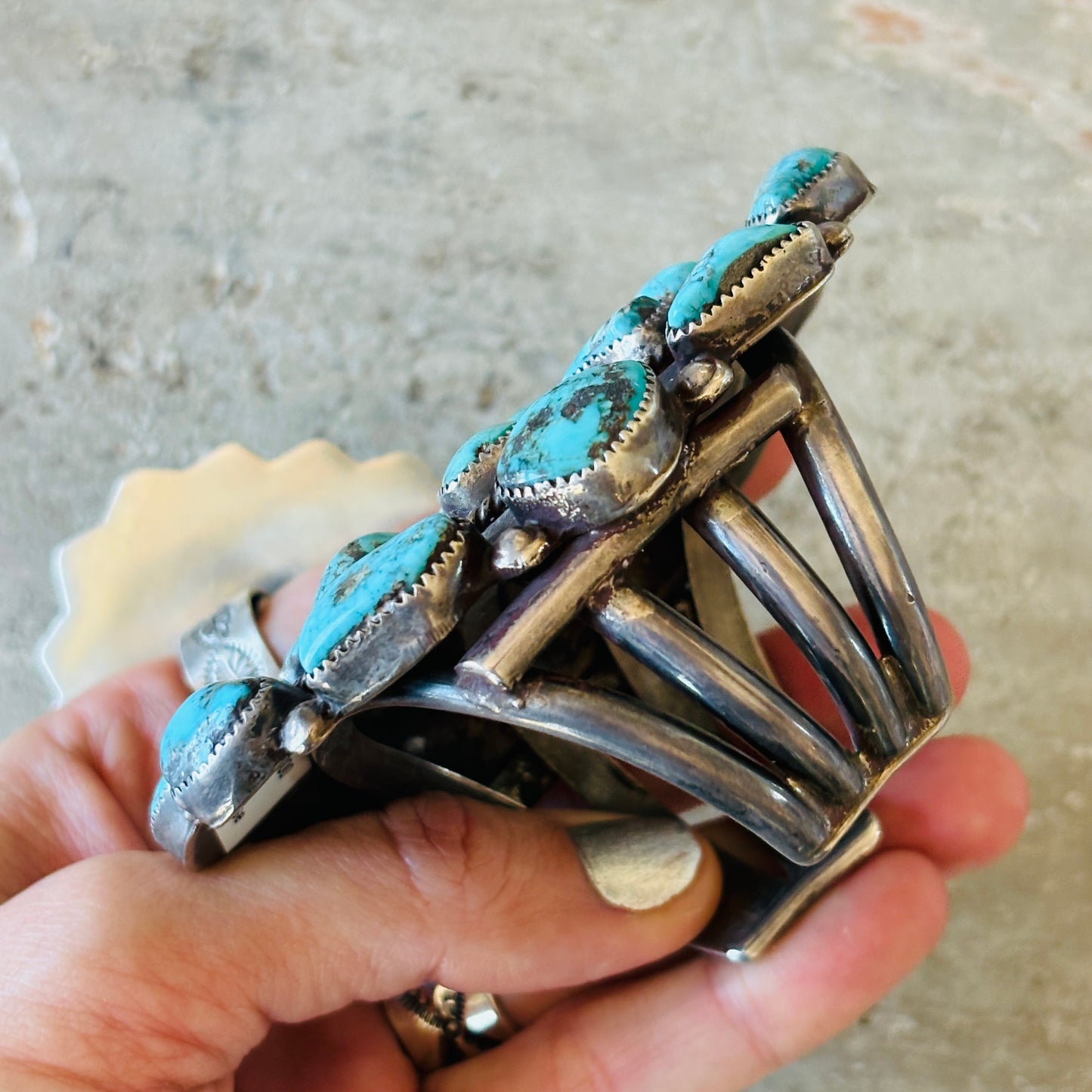 Vintage Navajo Sterling Silver & Morenci Turquoise Cluster Statement Cuff