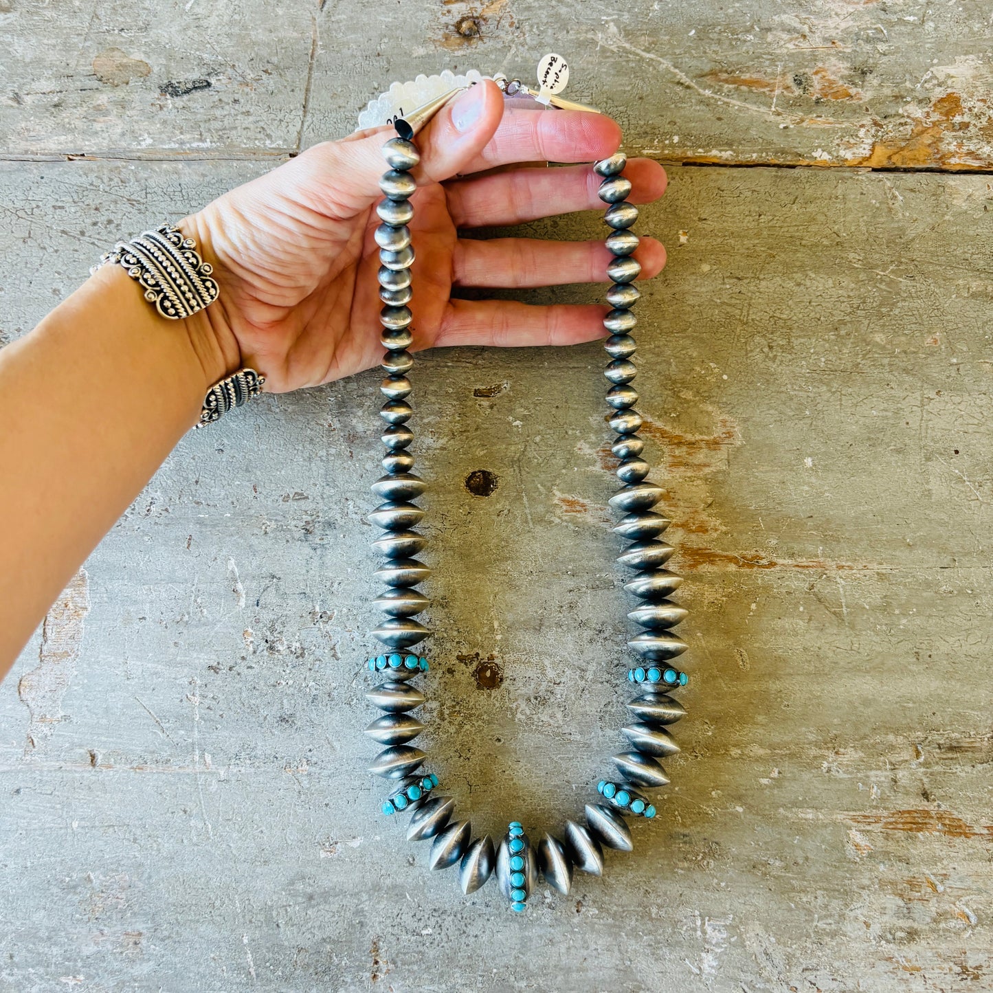 Navajo Sophia Becenti Sterling Silver & Sleeping Beauty Turquoise Graduated Pearls Necklace