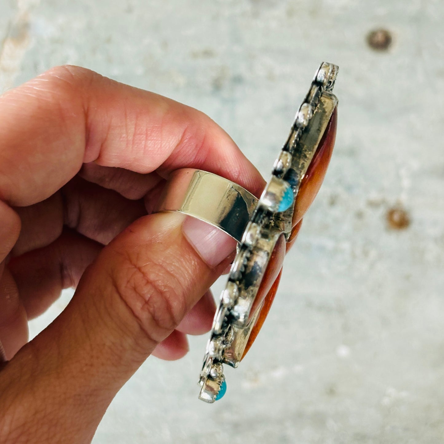 Navajo Hemerson Brown Sterling Silver - Orange Spiny & Sleeping Beauty Turquoise Butterfly Ring