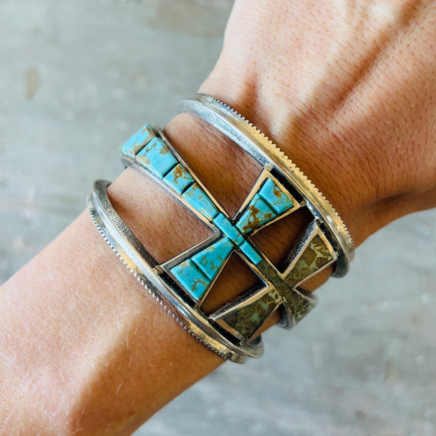 Navajo Aaron Anderson Sterling Silver & Mixed Turquoise Tufa Cast Cobblestone Crosses Cuff