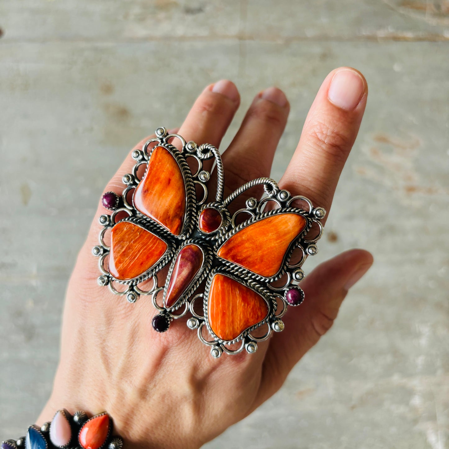 Navajo Hemerson Brown Sterling Silver & Red - Purple Spiny Butterfly Statement Ring