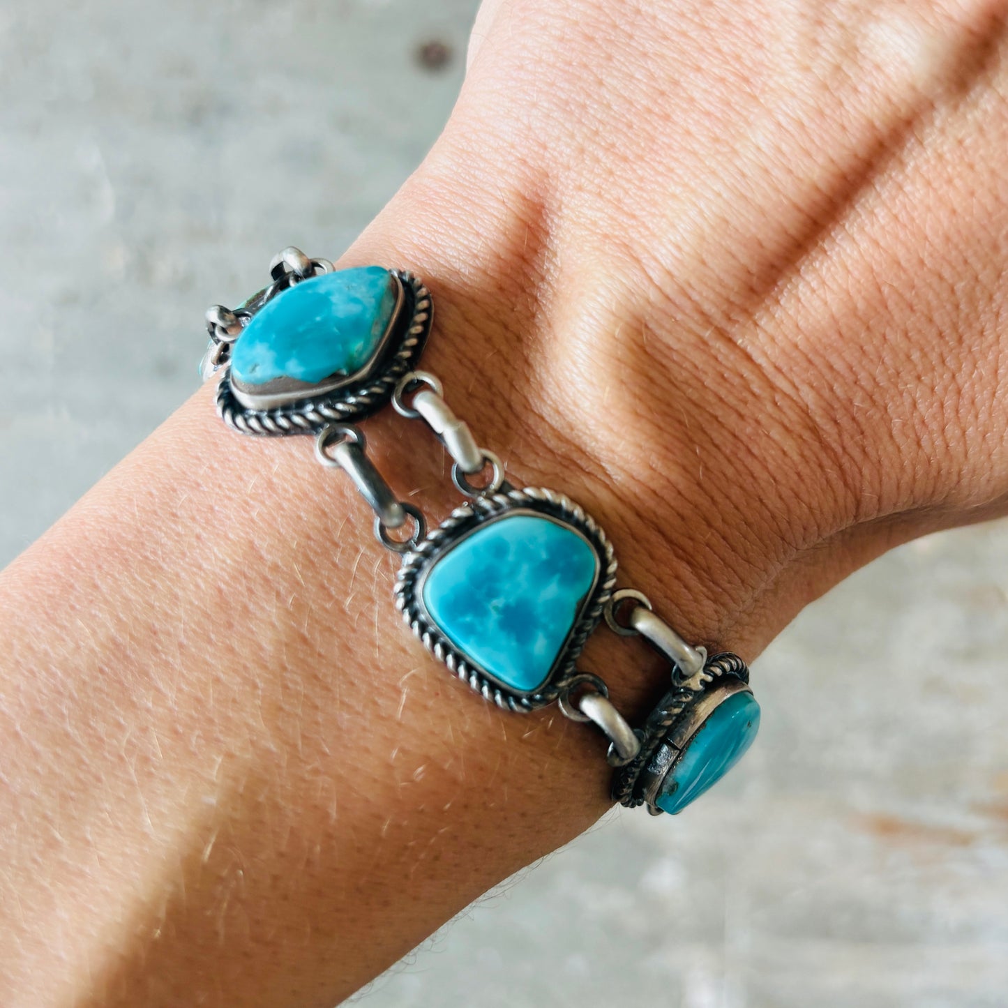 Navajo La Rose Ganadonegro Sterling Silver & Blue Gem Turquoise Panel Bracelet