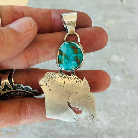 Navajo Miranda Willie Sterling Silver & Kingman Horse Head Pendant
