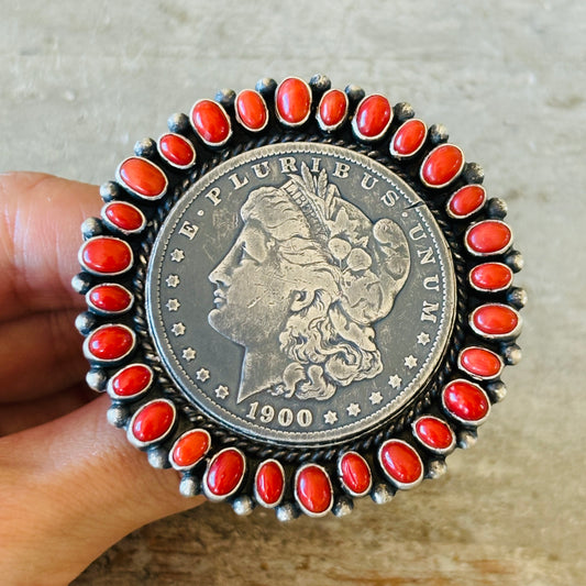 Navajo Darrin Livingston Sterling Silver & Red Coral Coin Ring