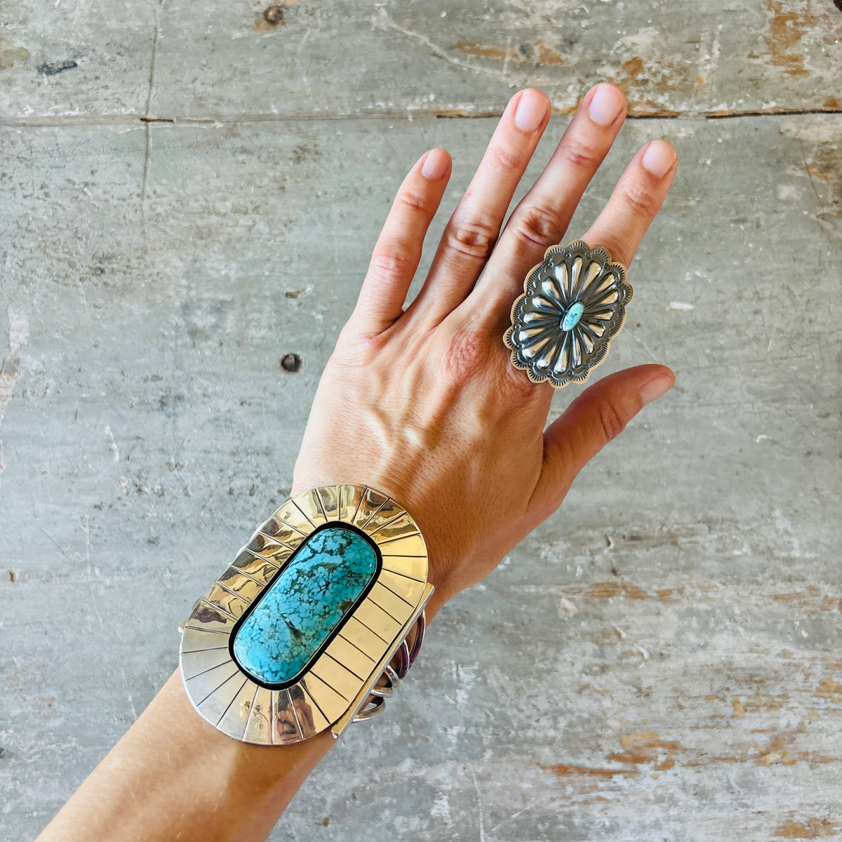 Navajo Arnold Goodluck Sterling Silver & Turquoise Concho Ring