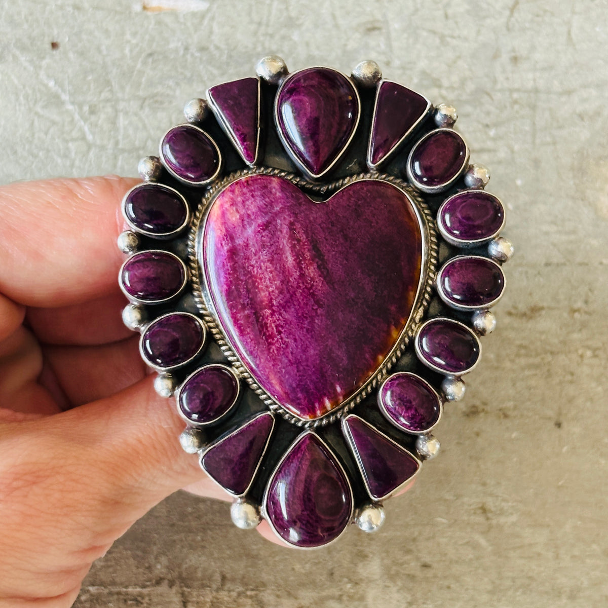 Navajo Tyler Brown Sterling Silver & Purple Spiny Oyster Heart Cluster Ring