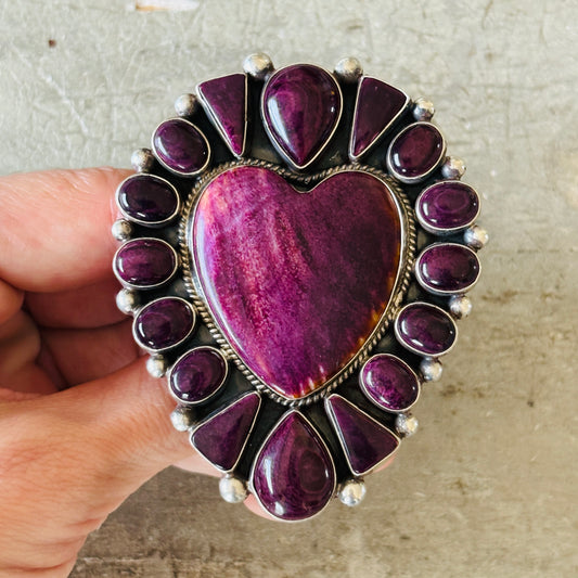Navajo Tyler Brown Sterling Silver & Purple Spiny Oyster Heart Cluster Ring