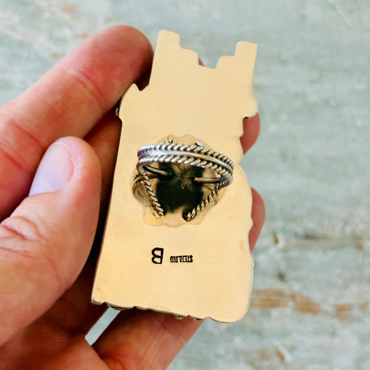 Navajo Bryan Tom Sterling Silver - Kingman - Lone Mountain Turquoise & Dinosaur Bone Maiden Ring