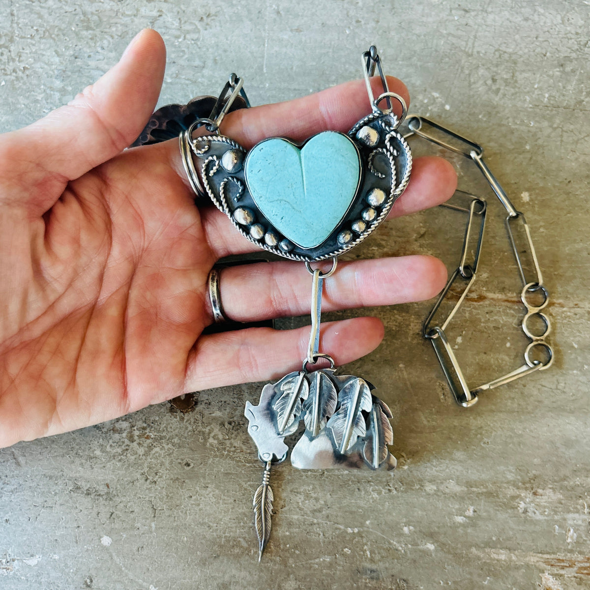 Navajo Miranda Willie Sterling Silver & Kingman Turquoise Heart Horse Necklace