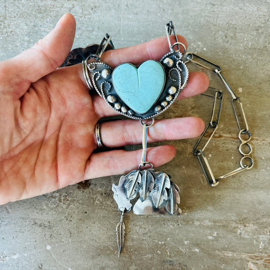 Navajo Miranda Willie Sterling Silver & Kingman Turquoise Heart Horse Necklace
