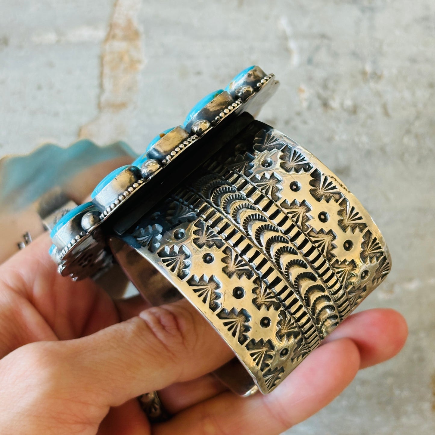 Navajo Braxton Parkett Sterling Silver & Kingman Turquoise Cluster Cuff