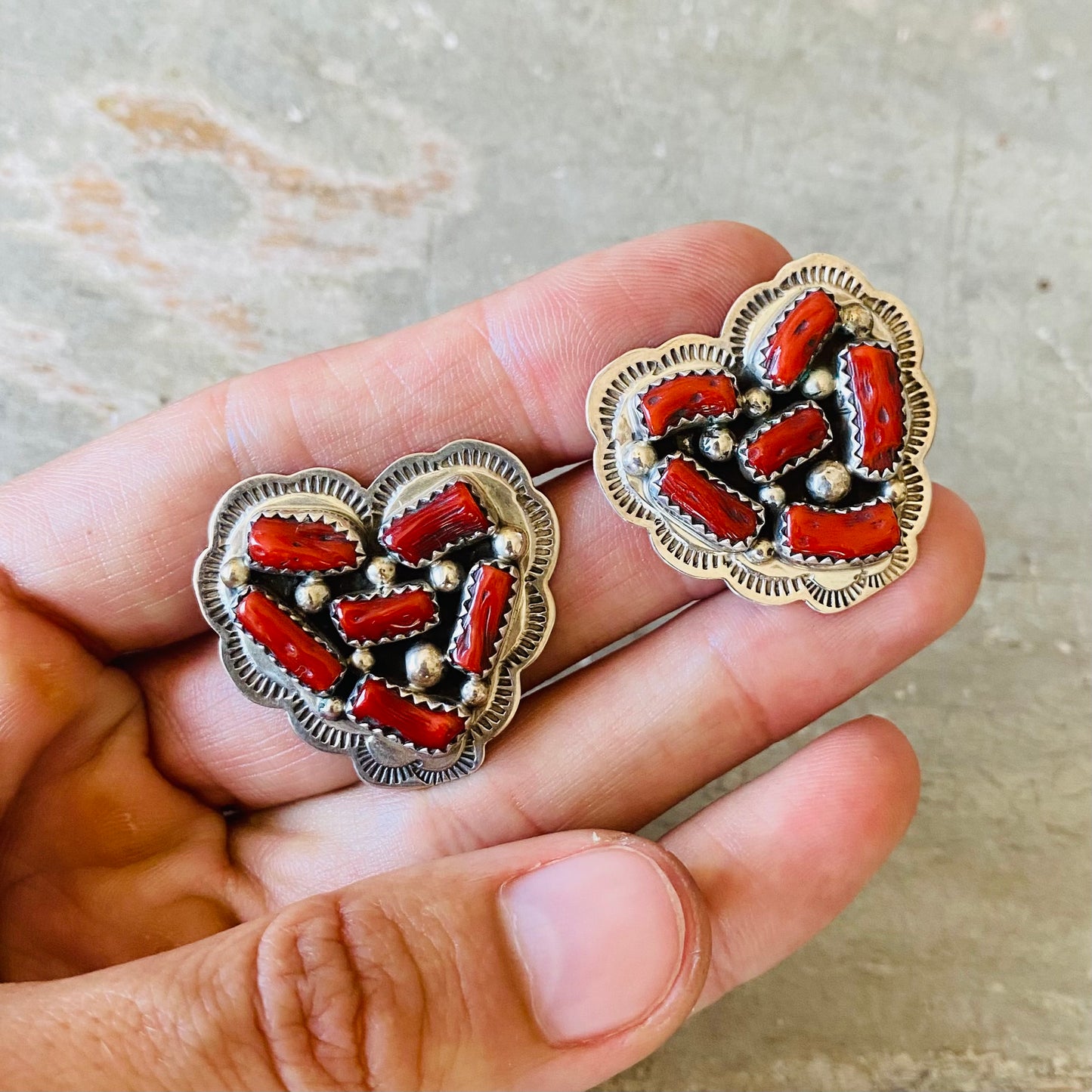 Navajo Melvin - Tiffany Jones Sterling Silver & Red Coral Heart Earrings