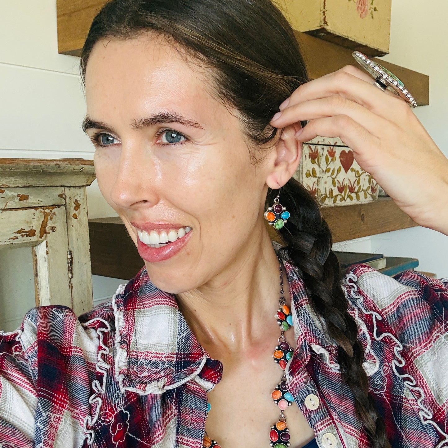 Navajo Paul Livingston Sterling Silver Multi Stone Cluster Necklace Set