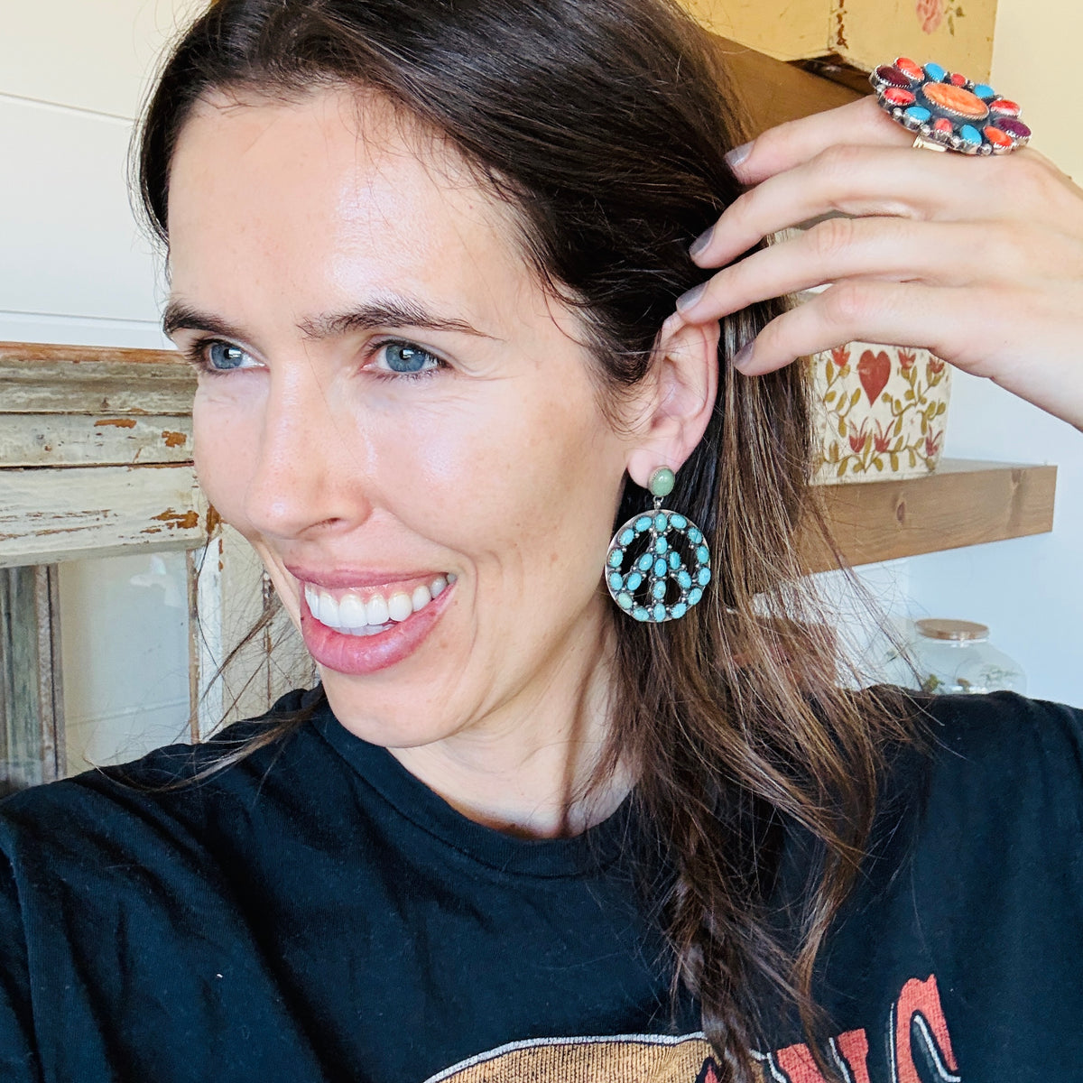 Navajo Nora Whitegoat Sterling Silver & Kingman Turquoise Peace Sign Earrings