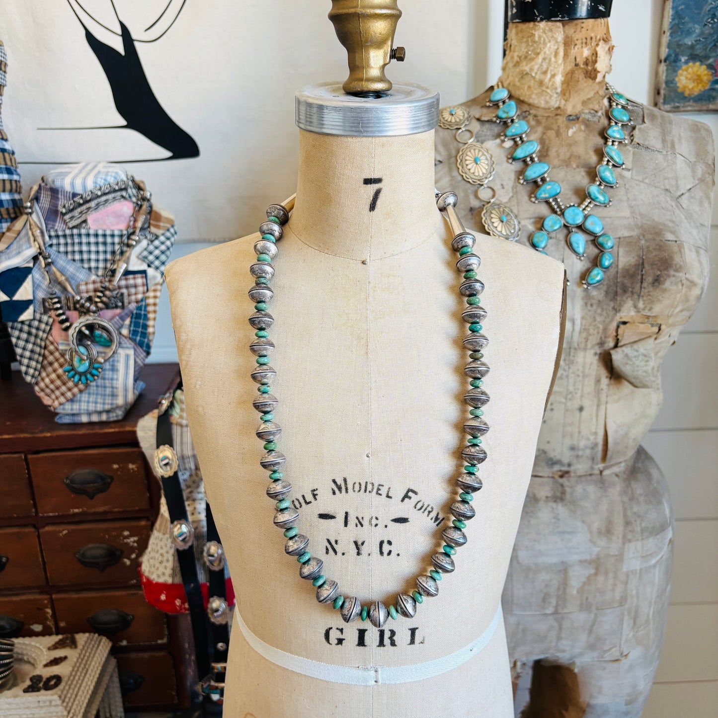 Navajo James McCabe Sterling Silver - Kingman Turquoise & Liberty Dime Beads Necklace