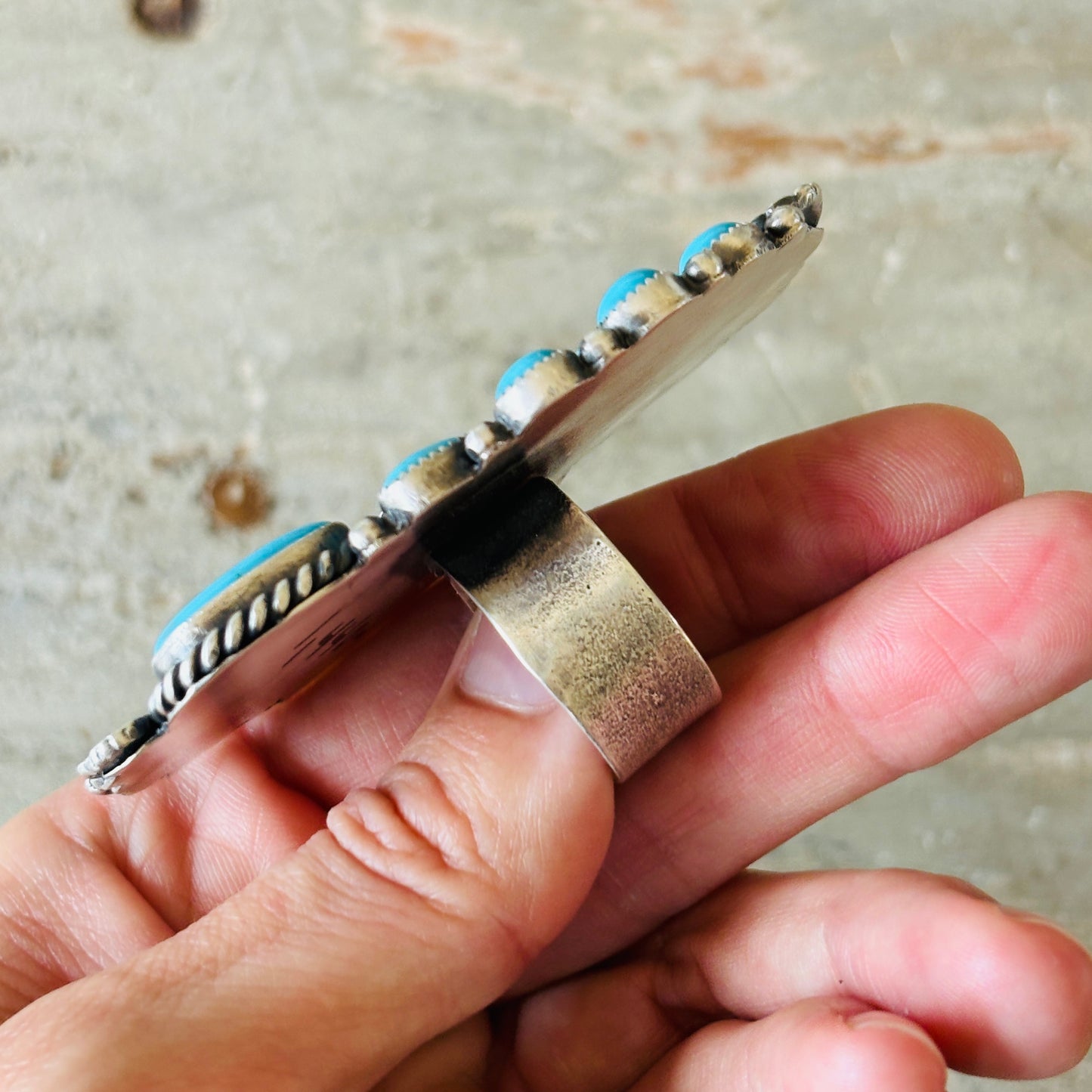 Navajo Kindale Billah Sterling Sterling & Kingman Turquoise Feathers - Hearts Cluster Ring