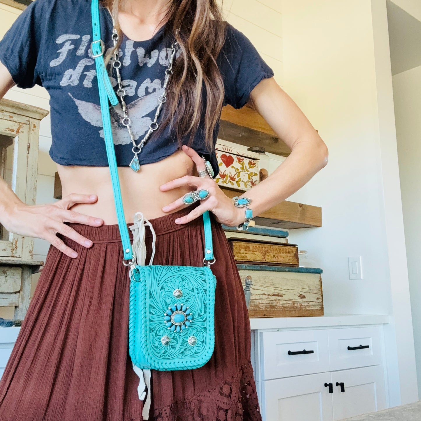 Navajo Hemerson Brown Sterling Silver & Kingman Turquoise Embellished Leather Blue Crossbody Bag