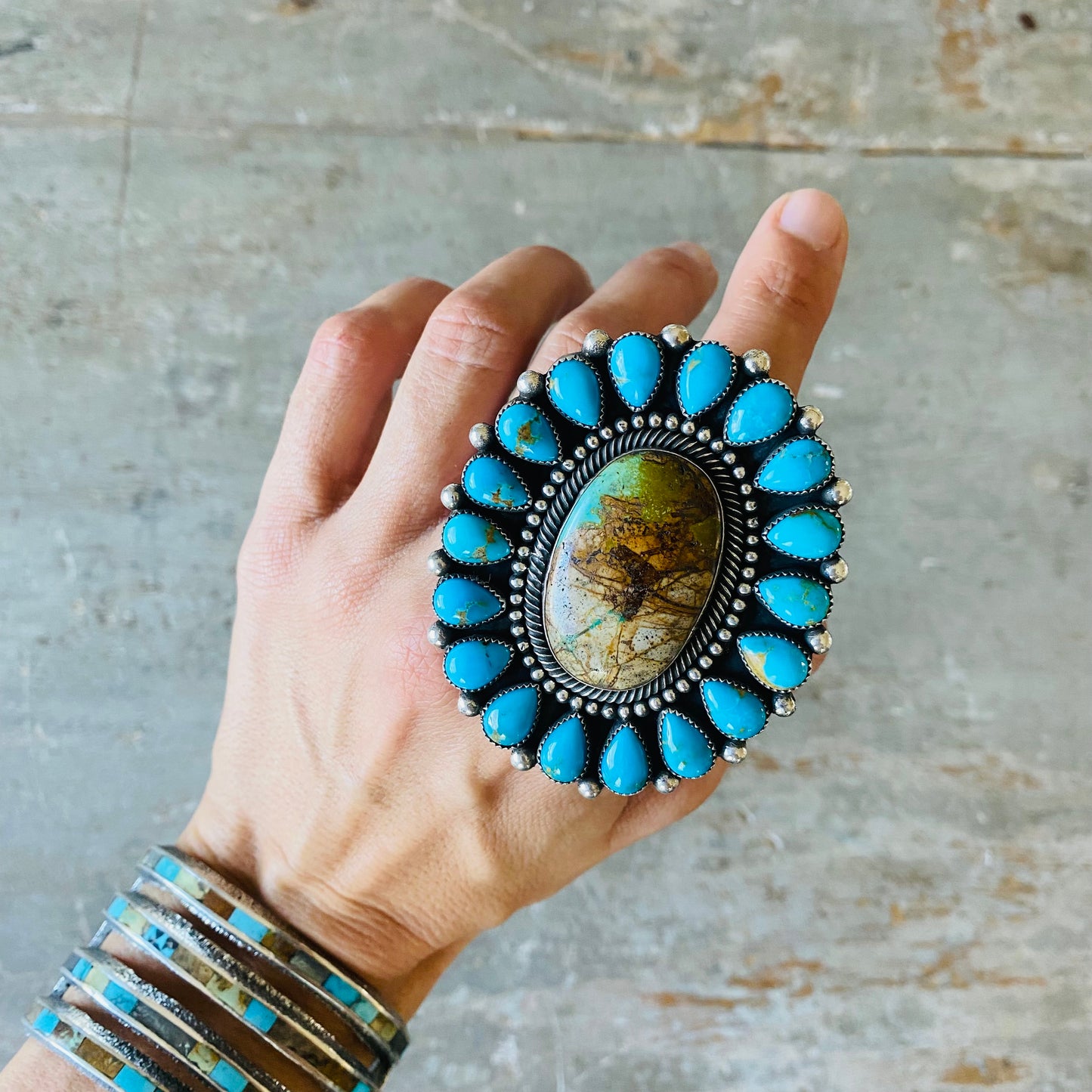 Navajo Hemerson Brown Sterling Silver & Turquoise Cluster Ring