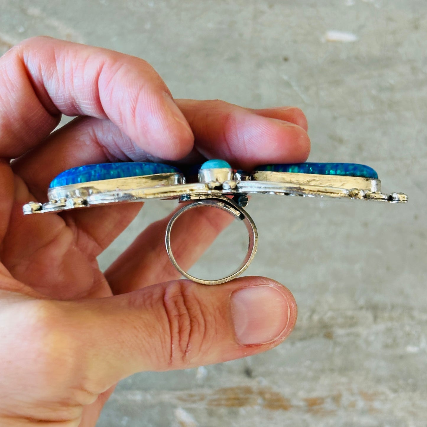 Navajo Hemerson Brown Sterling Silver - Blue Lab Opal & Sleeping Beauty Turquoise Dragonfly Ring