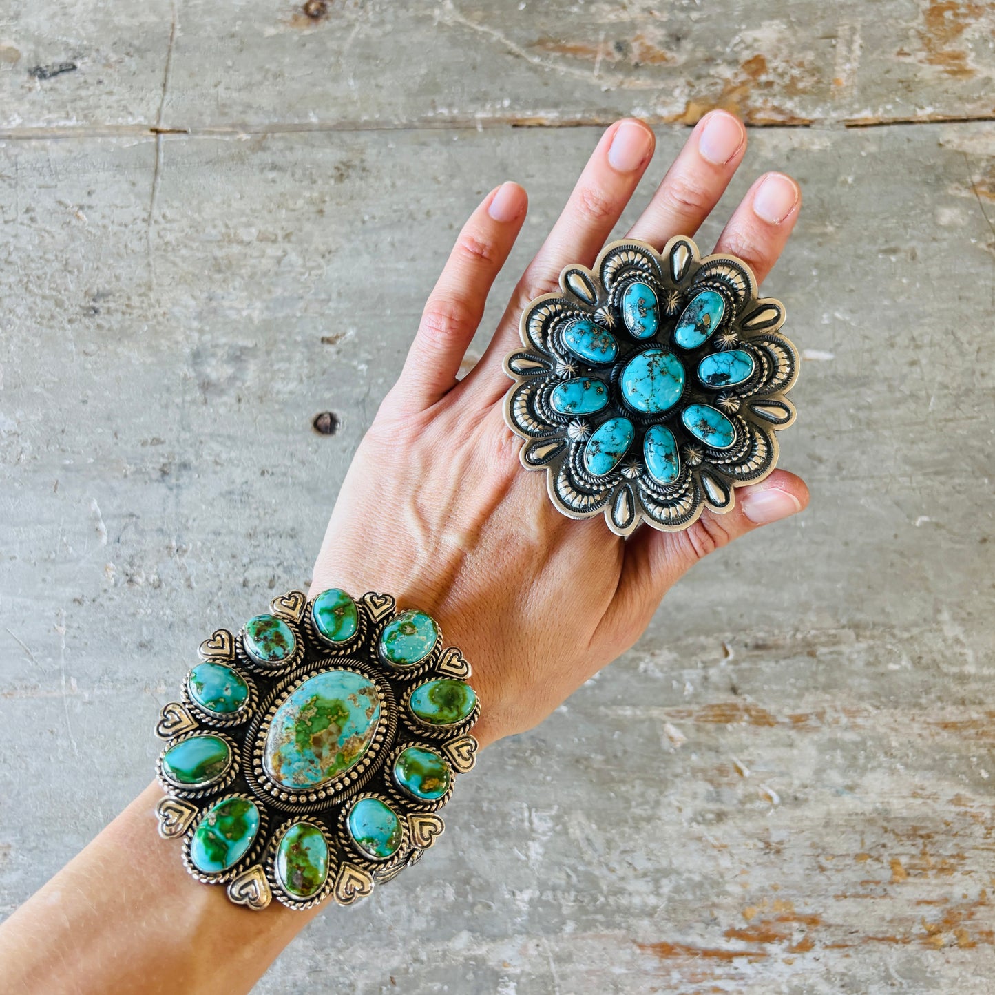 Navajo Leon Martinez Sterling Silver & Kingman Turquoise Cluster Statement Ring